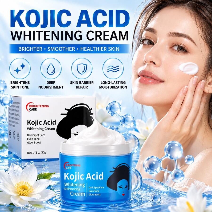 WWP Krim Asam Kojic Pencerah, 50g Ekstrak Tumbuhan Krim Wajah Pelembap Lembut dan Mendalam untuk Perawatan Kulit Sehari-hari