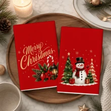 2pcs/Set, White & Red Color Scheme, Christmas Snowman & Puppy Kitchen Towels, Hand Towels, Christmas Towel Set, Christmas Holiday Gift, Absorbent Soft Cleaning Cloth, Tea Towel, Hand Towel, Cooking & Baking Tea Towel, Cleaning Cloth, Dish Cloth, Kitchen Decor, Living Room Decor, Kitchen Essential, Home Essential - Red - View 6