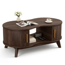 Mesa de Centro Ovalada Doble con Clóset de Almacenamiento y Puerta Corrediza, Estante Abierto de 2 Niveles, Mesa de Centro Moderna de Mediados de Siglo para Sala de Estar - Marrón - Ver 3