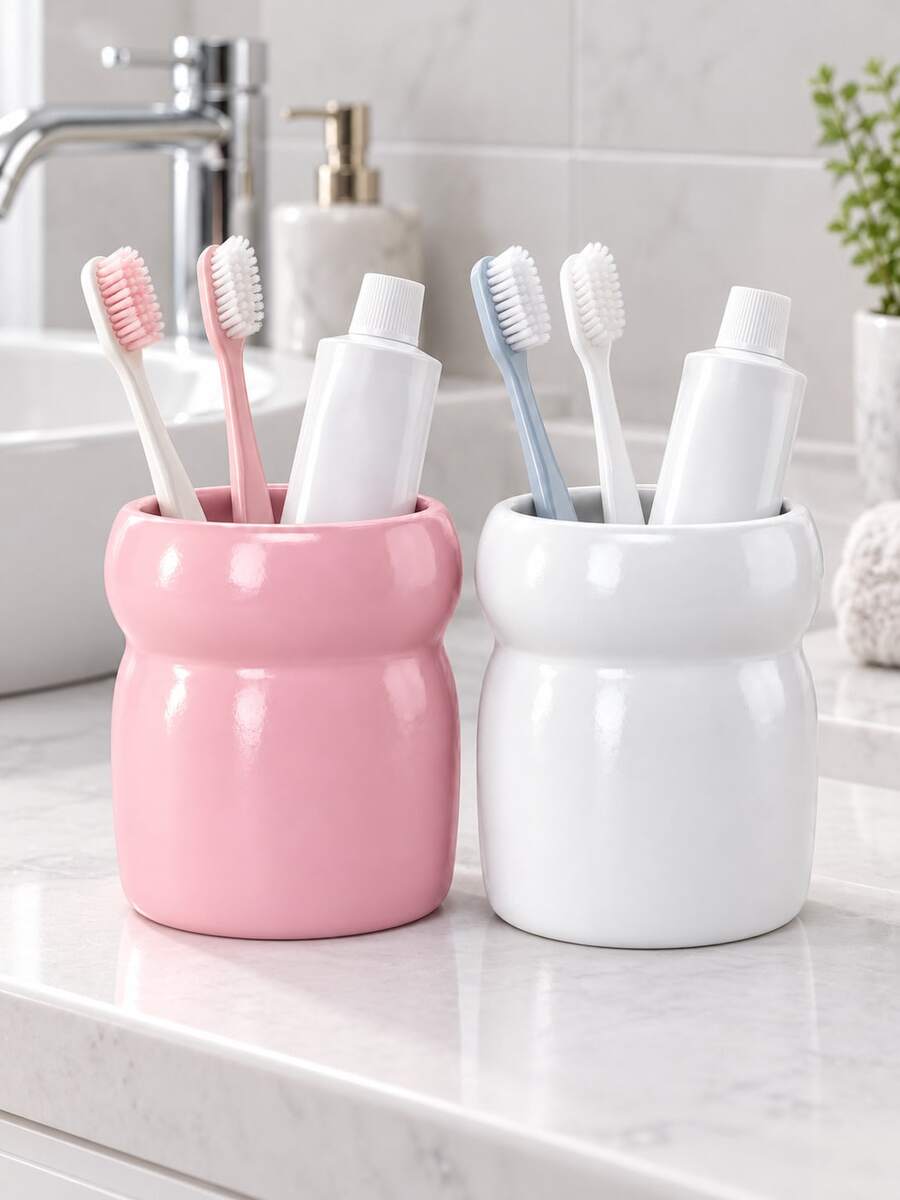 1pc Pink & White Toothbrush Holders, Rounded Bathroom Countertop Organizers For Toothbrushes And Toothpaste - Multicolor - View 1