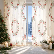 Christmas Wreath Snowflake Sheer Curtains 2 Panels, Rod Pocket Light Filtering Window Drapes, Holiday Home Window Decor - Multicolor - View 8