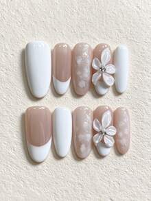 10pcs Handmade Press-On Nails, Autumn/Winter Long Almond Shape Fake Nails, Nude & White French Tip, 3D White Flower Rhinestone, Holographic Glitter Cloud Design, Reusable Nail Stickers, Suitable For Wedding, Date, Party, Daily Wear - Multicolor - View 2