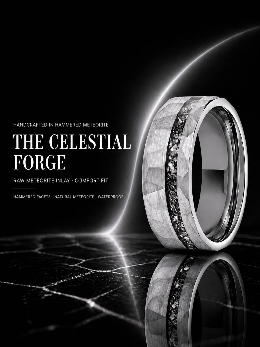 1Pc Men's Silvery Ring Inlay Meteorite Interstellar Ring Hammered Wedding Band - Vintage Style Fashion Engagement & Wedding Band