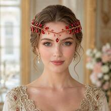 1pc Ruby Red Crystal & Rhinestone Pendant Headband Gold Wire Princess Tiara Crown Bridal Wedding Party Hair Accessories - Red - View 2