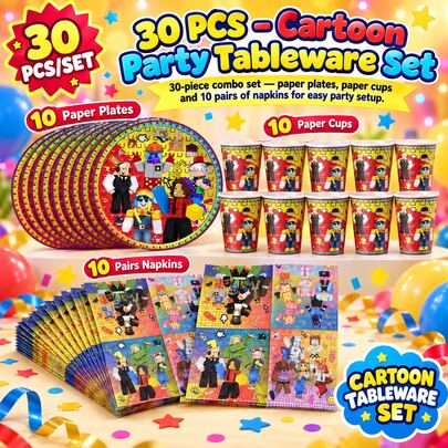 Roblox 30pcs Cartoon Dining Elements Party Tableware Set, Disposable Cutlery Set Including Cups, Plates, Straws, Ideal For Family Gatherings, Birthday Parties, Decorative Napkins, Double-Layer Cartoon Design, Suitable For Parties, Camping, Picnics, Backyard BBQs, Birthday Party Supplies