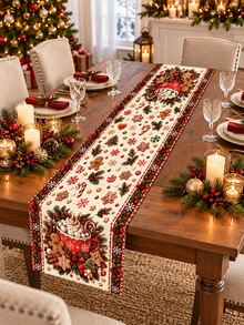 1pc Gingerbread Man Christmas Table Runner, Hot Cocoa Candy Cane Snowflake Pinecone Berry Linen Texture Tablecloth, Christmas Winter Holiday Kitchen Dining Table Decor, Home Dinner Indoor Christmas Party - Multicolor - View 5