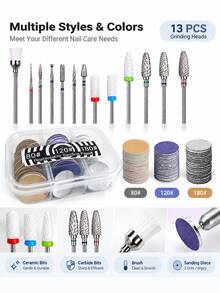 13Pcs Nail Drill Bits Set With 60Pcs Replacement Sandpaper Discs, 25mm Metal Nail Bit, Cuticle Dead Skin Remover For Acrylic Gel Nails, Manicure Pedicure Kit For Salon & DIY Home Use - Multicolor - View 4