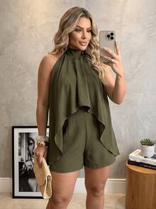 Macaquinho Vestido Plus Size Costas Aberta Gola Amarração Frente única - Marrom - Visão 3