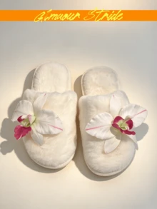 Women's Ivory Fluffy 3D Orchid Slippers, Comfortable Plush Closed-Toe House Slippers, Soft Faux Fur Indoor Bedroom Slippers Durable - Beige - View 5