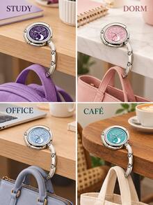 Elegant Round Clock-Pattern Design With Moon And Star Details, Portable Foldable Metal Tabletop Schoolbag Hook For Students, Handbag Hanger And Bag Hanging Accessory For Classroom Desks, Cafes, Offices, Travel And Birthday Gifts, Key Holder. - Multicolor - View 9