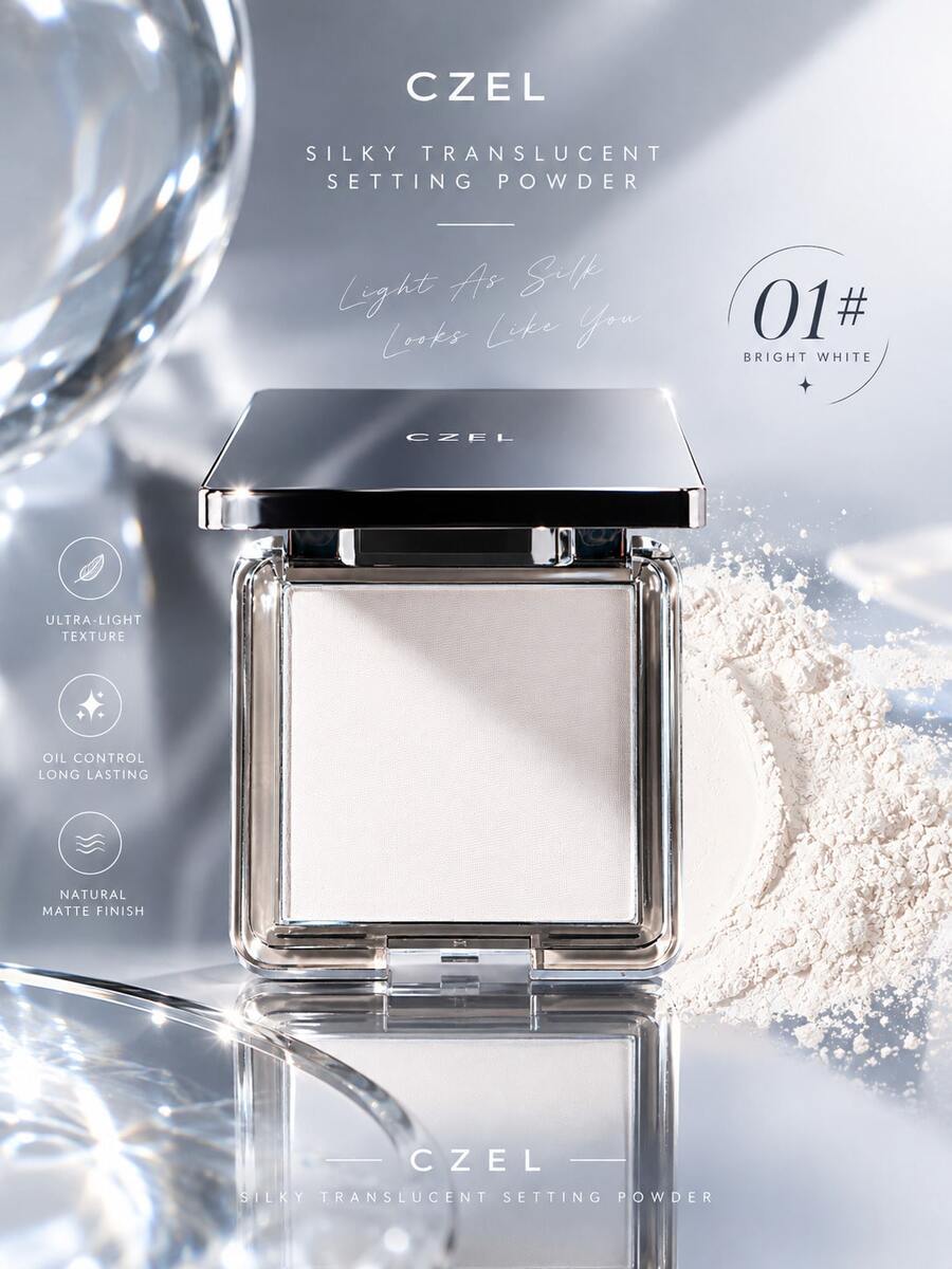 CZEL Kuzi Translucent Silk Pressed Powder, Bedak Padat Ringan Pengontrol Minyak, Cocok untuk Kulit Kering dan Berminyak, Menyamarkan Pori-Pori dengan Lembut, Hasil Matte Segar Tahan Lama Tidak Menggumpal, Makeup Portabel untuk Perbaikan Riasan - 01# Putih Terang - View 1