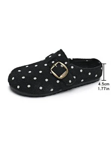 French Vintage Polka Dot Buckle Mule Slippers, Wool Lining With Fleece, Closed Toe Slouchy Slippers, Autumn/Winter - Polka Dot Black - View 7