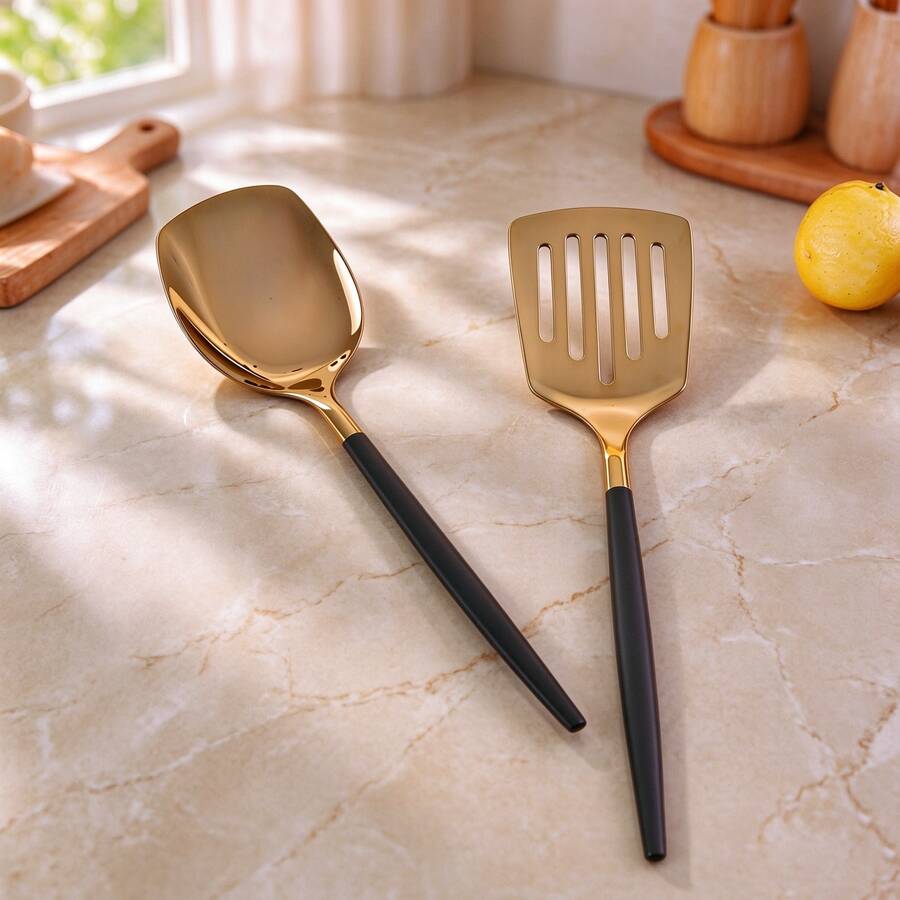 1pc Stainless Steel Frying Spatula/Slotted Turner, Suitable For Frying Chicken Breast, Steak, Stir-Frying, For Home Kitchen, Hotel, Restaurant - Gold + Black - View 1
