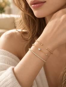 3pcs Set Cubic Zirconia Rhinestone Chain Bracelets, Delicate Minimalist Style, Suitable For Women Daily Wear, Date, Party, Gathering, Layering And Matching - Gold Style 2 - View 2