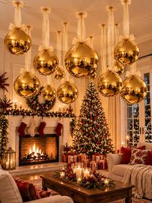 12Pcs Oversized Gold Christmas Ball Decorations, Metallic Hanging Ornament Set With Long Ribbon & Glue Dots, Giant Ceiling Baubles For Xmas Party, Wedding, Home & Holiday Decor - Set a - View 5