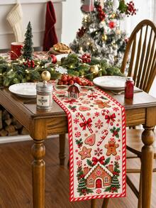 2 Styles Christmas Gingerbread House & Nutcracker Table Runner, Nutcracker Gingerbread House/Gingerbread Candy House Pattern Printed Table Runner, Christmas Dining Table Party Decoration, Long Table Runner - Multicolor - View 5