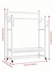 Double Rod Floor Standing Movable Garment Rack, Equipped With Universal Wheels, With Side Hooks, Double Layer Storage Space, Thickened Pipe For Stable Structure, Black And White Colors Optional, Large Capacity For Storing Clothes, Hats And Shoes - Multicolor - View 12