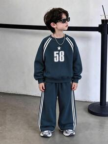 2pcs Navy Blue Drop Shoulder Crew Neck Sweatshirt + Side 3 White Vertical Stripes Wide Leg Long Pants, Star 58 Number Print Vintage Boys Sports Set - Blue - View 1