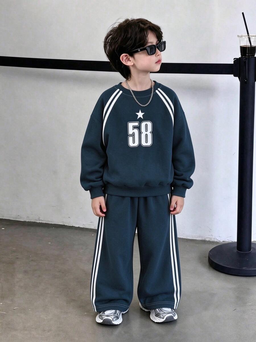 2pcs Navy Blue Drop Shoulder Crew Neck Sweatshirt + Side 3 White Vertical Stripes Wide Leg Long Pants, Star 58 Number Print Vintage Boys Sports Set - Blue - View 1