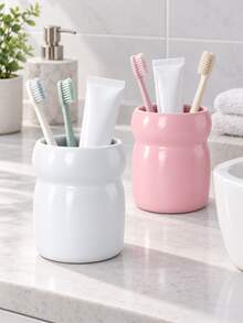 1pc Pink & White Toothbrush Holders, Rounded Bathroom Countertop Organizers For Toothbrushes And Toothpaste - Multicolor - View 2