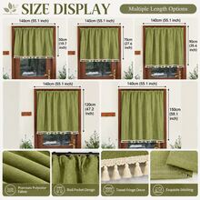 Sage Green Faux Linen Tier Curtain, Rod Pocket Boho Short Window Curtain With White Tassel Fringe, Farmhouse Privacy Cafe Curtain For Kitchen Door Cabinet - A - View 5