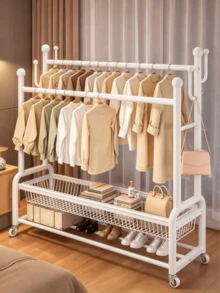 Double Rod Floor Standing Movable Garment Rack, Equipped With Universal Wheels, With Side Hooks, Double Layer Storage Space, Thickened Pipe For Stable Structure, Black And White Colors Optional, Large Capacity For Storing Clothes, Hats And Shoes - Multicolor - View 2
