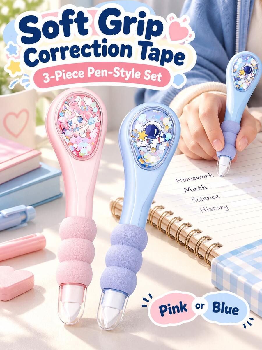 3pcs Soft Grip Correction Tape Set, 6m Per Roll, Quiet White Correction Tape, Suitable For Children, Kindergarten, Elementary Students, Homework And School Supplies - Multicolor - View 1