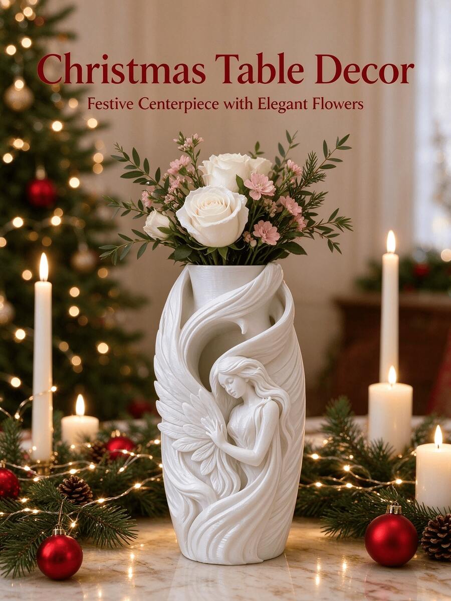 3D Embossed Angel Statue Vase, Curved Wing Sculpture Flower Pot, Luxury Desktop Decor, Suitable For Christmas, Bedroom Vanity And Home Decoration - 1PC - View 1
