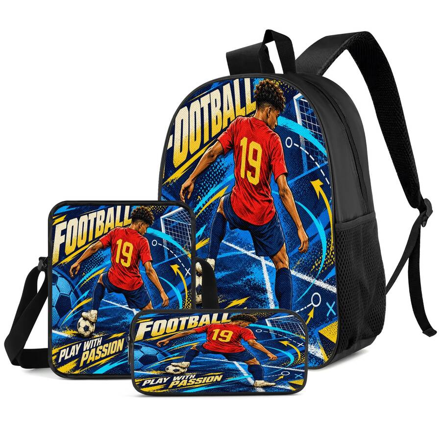 Football Player #19 Slogan Print 3 Pieces Set: Large Capacity Backpack + Crossbody Bag + Pencil Case, Adjustable Breathable Shoulder Straps, Classic Cartoon Sports Style Fan Game Day Commute Storage Set - Printed Bag - View 1