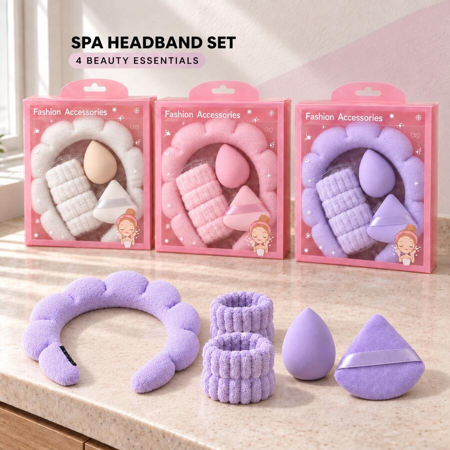 5pcs Gift Set Multi-Functional Skincare & Makeup, Makeup Tool Gift Box, Cloud Petal Coral Fleece Headband & Absorbent Wristband, Includes Water Drop Makeup Sponge + Triangle Powder Puff, Macaron Multi-Color, Soft & Skin-Friendly, Dry & Wet Dual Use, Smooth Application Without Powder Absorption, Women's Makeup Base, Home Skincare, Suitable For All Seasons, Holiday Gift Makeup Set, Halloween, Christmas, Back To School