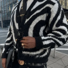 Men's V-Neck Knitted Cardigan Long Sleeve Single-Breasted Top Black & White Wavy Pattern Jacquard Element Autumn/Winter Street Style Layering Outfit Top - Black - View 3