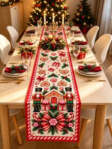 2 Styles Christmas Gingerbread House & Nutcracker Table Runner, Nutcracker Gingerbread House/Gingerbread Candy House Pattern Printed Table Runner, Christmas Dining Table Party Decoration, Long Table Runner - Multicolor - View 3