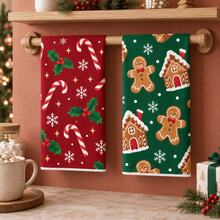 2pcs/Set, 18x26in Christmas Snowman Pattern Towel Set, Quick-Drying Kitchen Cleaning Cloth, Soft Absorbent Towel Set, Kitchen Decor, Home Decor, Christmas Decoration, Christmas Gift For Friends. - Green - View 5