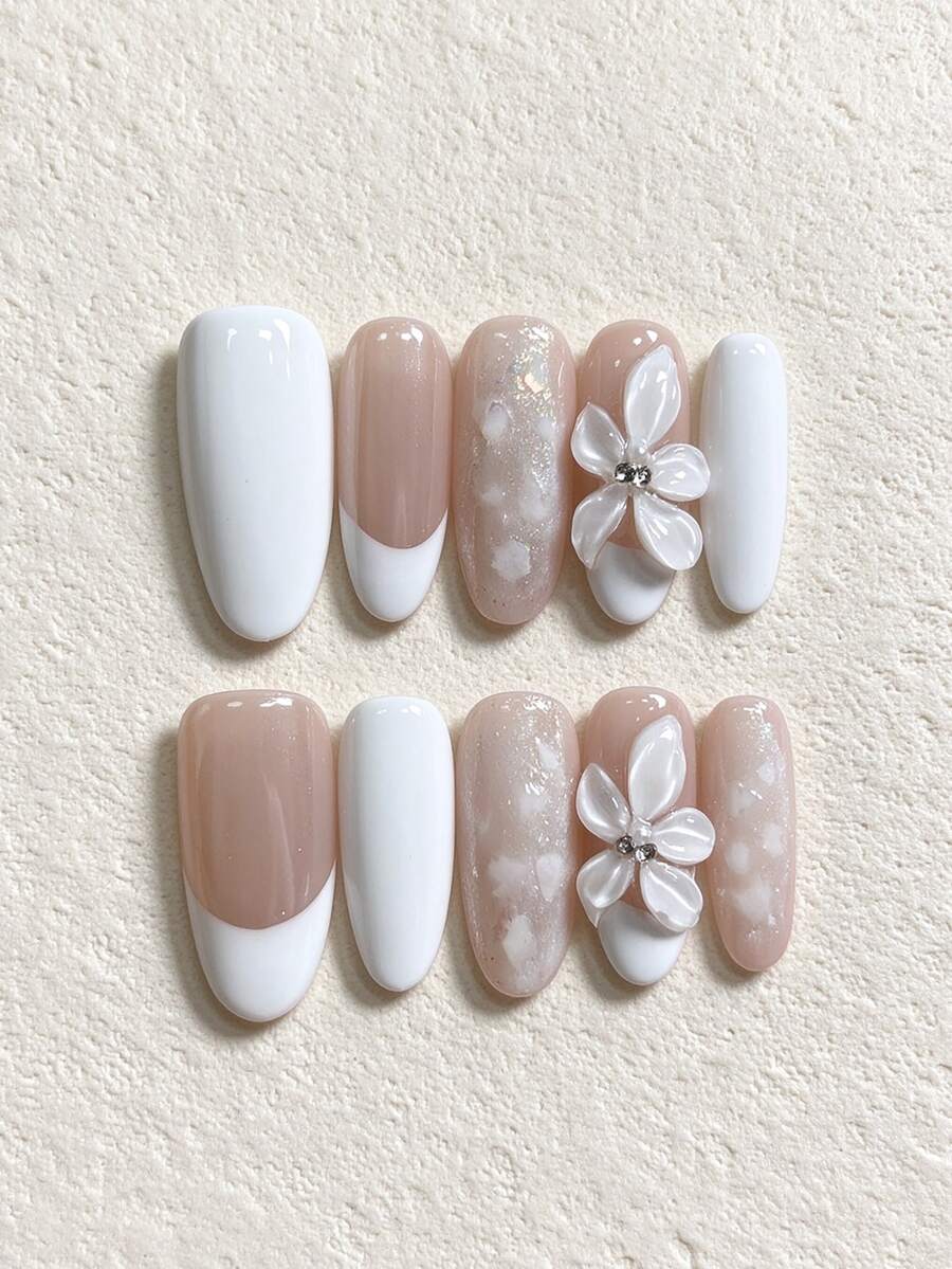 10pcs Handmade Press-On Nails, Autumn/Winter Long Almond Shape Fake Nails, Nude & White French Tip, 3D White Flower Rhinestone, Holographic Glitter Cloud Design, Reusable Nail Stickers, Suitable For Wedding, Date, Party, Daily Wear - Multicolor - View 1