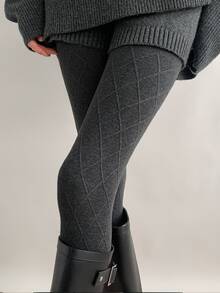 Women's Autumn/Winter Diamond Pattern Knitted Tights, Soft Breathable High Elasticity Knitted Stockings, Fitted Elastic Waist Geometric Pattern Hosiery, Comfortable Textured Tights, Suitable For Daily Commute, Casual Wear In Cold Weather - Multicolor - View 3