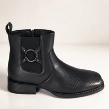 Men's Retro Metal Buckle Decor Short Chelsea Boots, Autumn/Winter Chunky Heel Thick Sole Cargo Style Style Side Zipper Elastic Shaft Casual Fashion Boots - Black - View 5