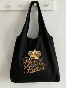 女款肩背包，皇冠 Blessed And Highly Favored 印花單肩斜挎包，休閒風格，適合日常通勤、購物、校園旅行、短途旅行，可收納手機、化妝品、個人物品，適合作為生日禮物、節日禮物送給好友、姊妹、女友，復古金色皇冠字母圖案，日常出行 - 彩色 - 查看 9