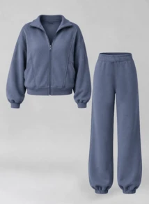 Never me Women's 2 Pieces Sports Set With Stand Collar, Zipper Pockets, Fitness Casual - Dusty Blue - View 9