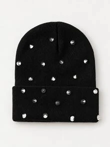 1pc Unisex Punk Style Rivet Knit Beanie, Autumn/Winter Folded Cuff Pullover Knitted Hat, Personalized Spiked Decor Streetwear Beanie, Multiple Colors Available - Multicolor - View 4