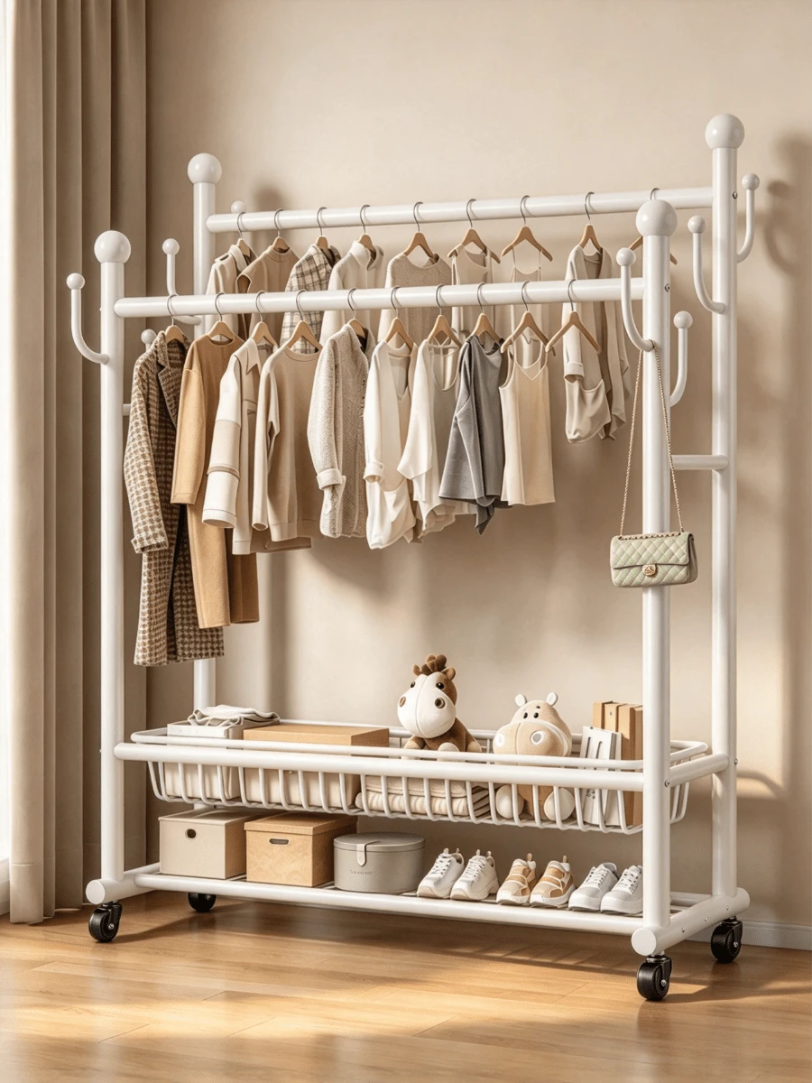 Double Rod Floor Standing Movable Garment Rack, Equipped With Universal Wheels, With Side Hooks, Double Layer Storage Space, Thickened Pipe For Stable Structure, Black And White Colors Optional, Large Capacity For Storing Clothes, Hats And Shoes - Multicolor - View 1