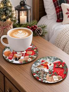 1/4/8pcs Christmas Wooden Coasters Set, Rustic Holiday Drink Coasters With Cute Fox Squirrel Rabbit Cardinal Christmas Mailbox Winter Snow Forest Design, Round Coffee Cup Mats For Home Kitchen Table Decor, Farmhouse Christmas Gift - Multicolor - View 8