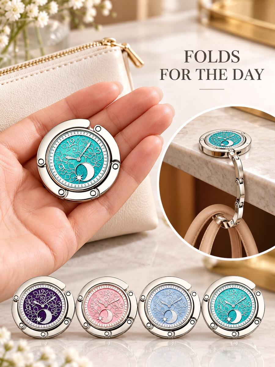 Elegant Round Clock-Pattern Design With Moon And Star Details, Portable Foldable Metal Tabletop Schoolbag Hook For Students, Handbag Hanger And Bag Hanging Accessory For Classroom Desks, Cafes, Offices, Travel And Birthday Gifts, Key Holder. - Multicolor - View 1