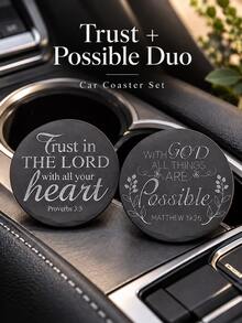 A Gift Suitable For All Four Seasons, 2pcs/Set Of Faith-Inspired Style - Round Coaster - Bible Proverbs / Matthew Text + Minimalist Plant Pattern - Car Coaster / Anti-Slip And Heat Insulation Pad / Faith-Themed Decorative Pad - A - View 2