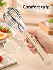 1pc Stainless Steel Multi-Function Food Tongs With Sliding Lock, Non-Slip Heat-Resistant Handle, Slotted Spatula And Turner, Suitable For Steak, Burger, BBQ, Grilling, Frying, Pancake, Bread, Salad And Serving, Cream Color Kitchen Cooking Utensil, Suitable For Daily Meal Preparation - View 10