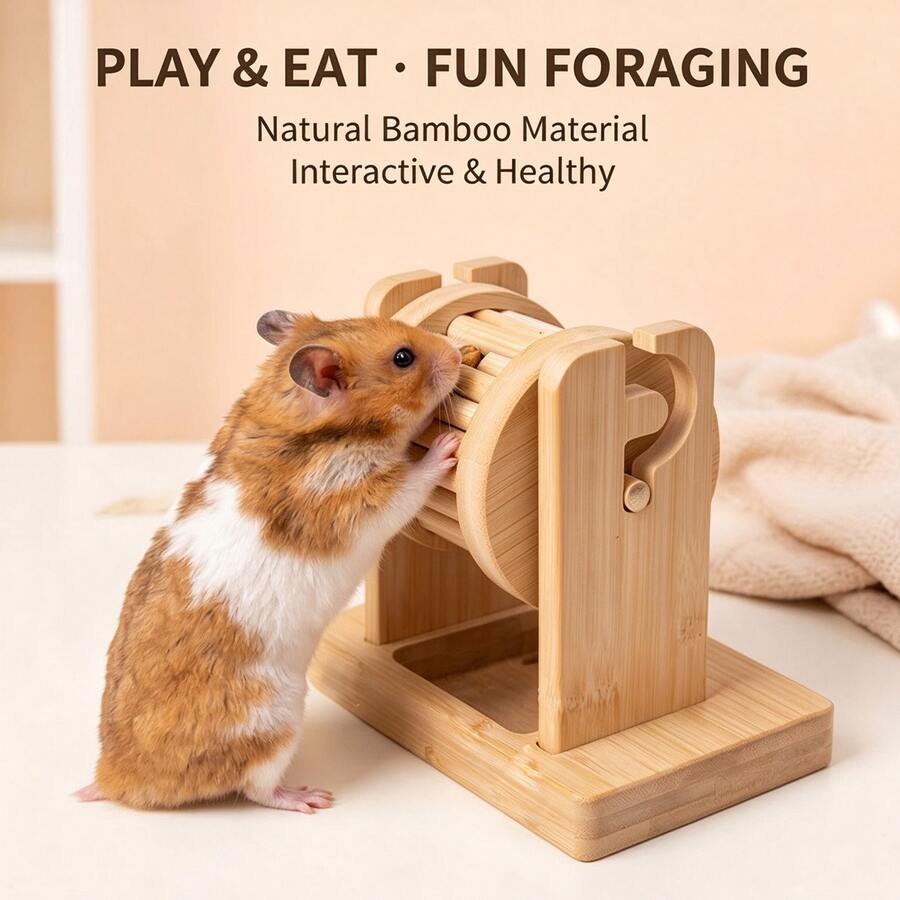 Small Pet Toy, Natural Wood Hamster Foraging Wheel Toy, Interactive Rotating Food Feeder Enrichment Toy - View 1