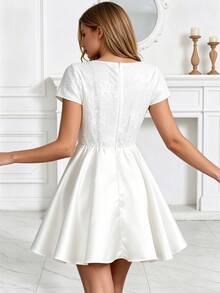 Women's Wedding Bride Party Dress, Shiny Short Sleeve Design, Engagement Party Evening Gown, Party Dress - White - View 2