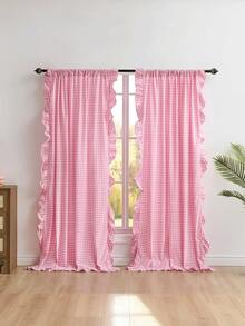 1pc Plaid Ruffle Edge Curtain, Farmhouse Country Style Home Kitchen Decor, Suitable For Bedroom, Living Room, Kitchen, Holiday, Date, Party, Gathering, Daily Home Decoration - Pink - View 2
