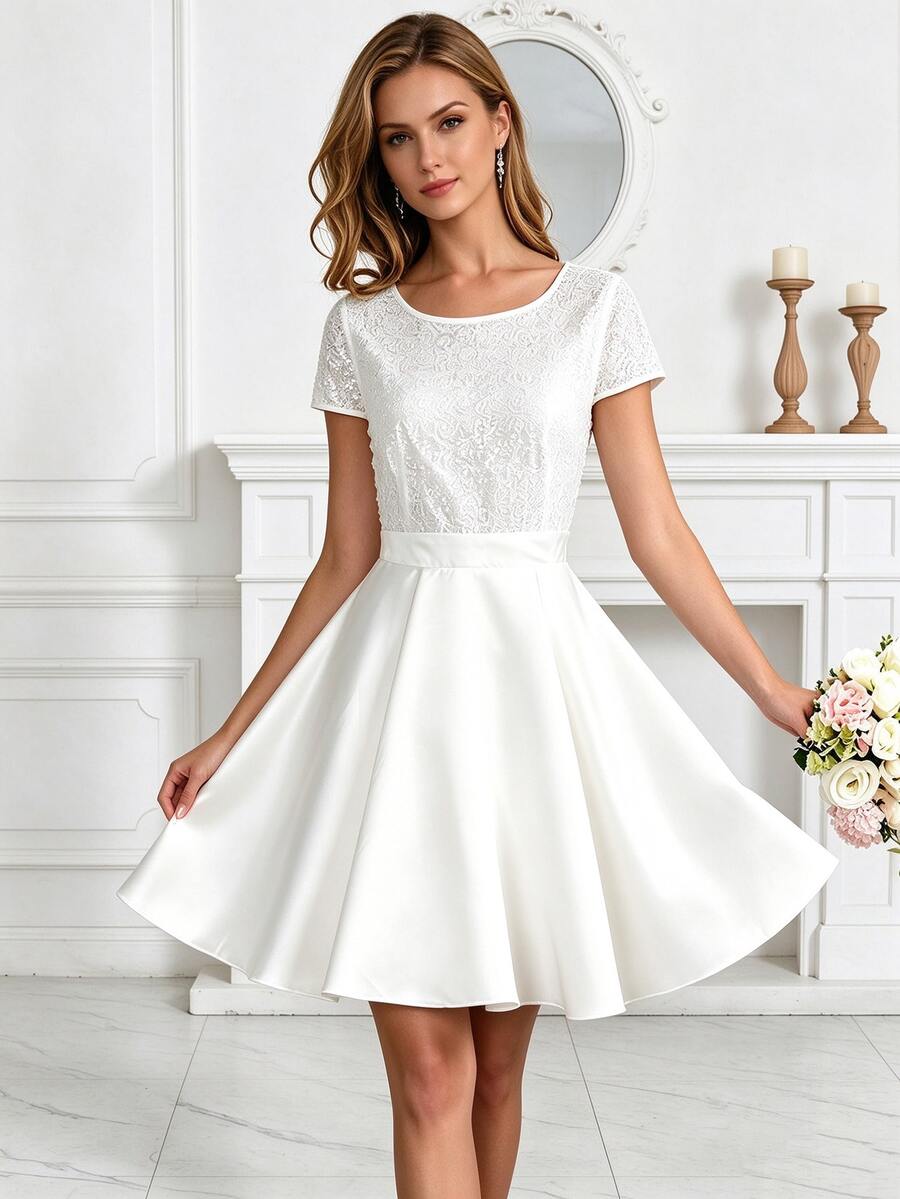 Women's Wedding Bride Party Dress, Shiny Short Sleeve Design, Engagement Party Evening Gown, Party Dress - White - View 1