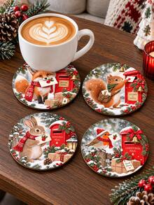 1/4/8pcs Christmas Wooden Coasters Set, Rustic Holiday Drink Coasters With Cute Fox Squirrel Rabbit Cardinal Christmas Mailbox Winter Snow Forest Design, Round Coffee Cup Mats For Home Kitchen Table Decor, Farmhouse Christmas Gift - Multicolor - View 9