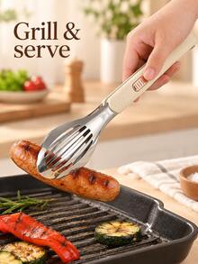 1pc Stainless Steel Multi-Function Food Tongs With Sliding Lock, Non-Slip Heat-Resistant Handle, Slotted Spatula And Turner, Suitable For Steak, Burger, BBQ, Grilling, Frying, Pancake, Bread, Salad And Serving, Cream Color Kitchen Cooking Utensil, Suitable For Daily Meal Preparation - View 7